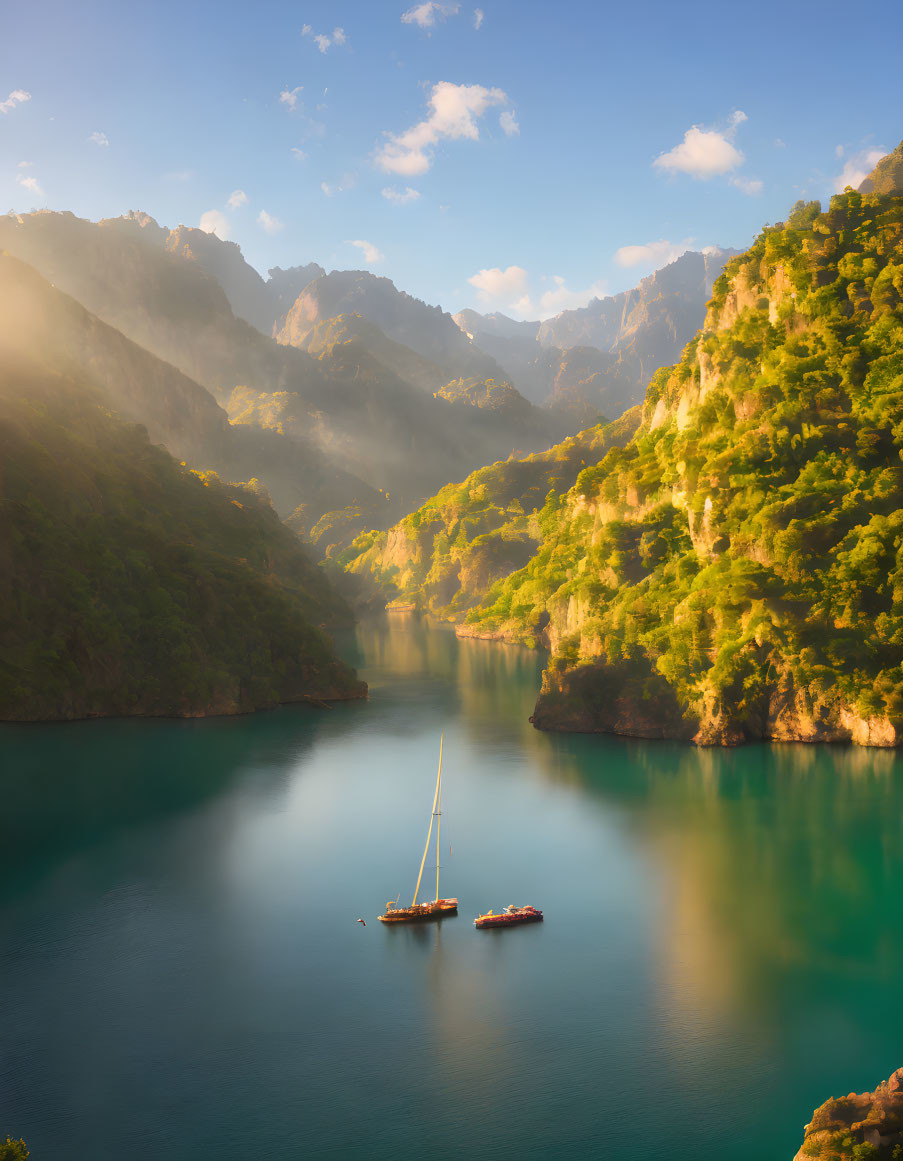 Tranquil canyon with turquoise waters and sailboat surrounded by misty green mountains