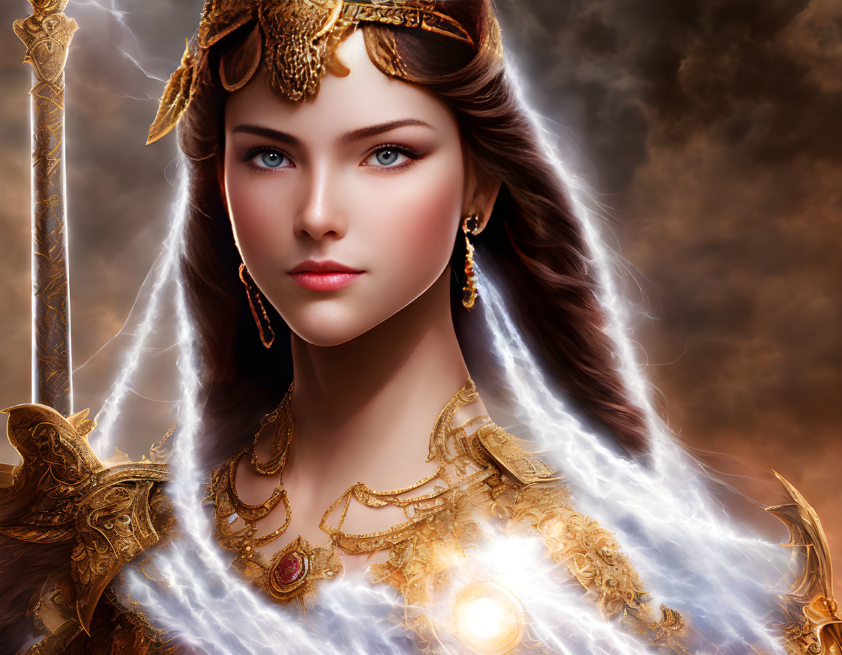 Digital artwork of a woman in golden armor with blue eyes and lightning background.