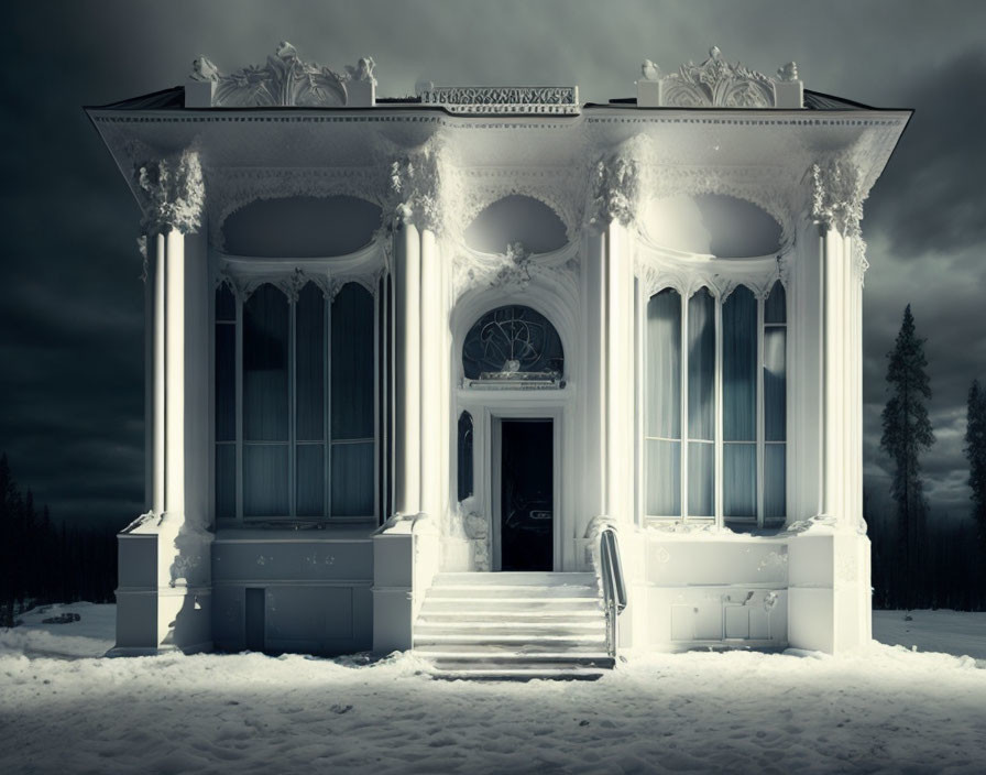 Monochromatic neoclassical building in snow-covered landscape