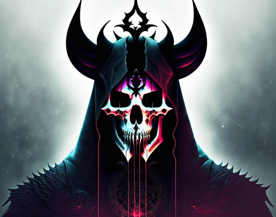 Dark digital artwork: Horned skull with glowing eyes and pentagram on starry backdrop.