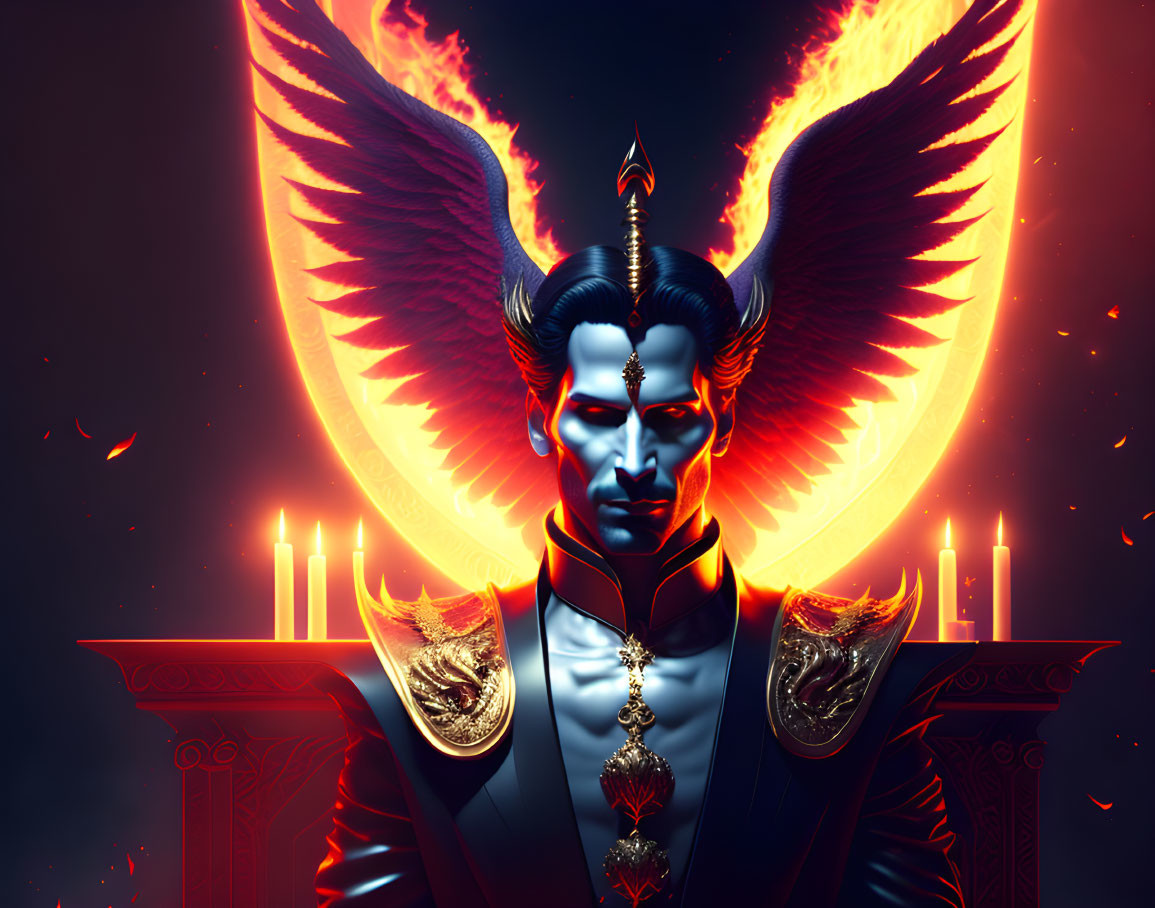 Male figure with dark hair, glowing eyes, fiery wings, regal outfit, and candles in foreground