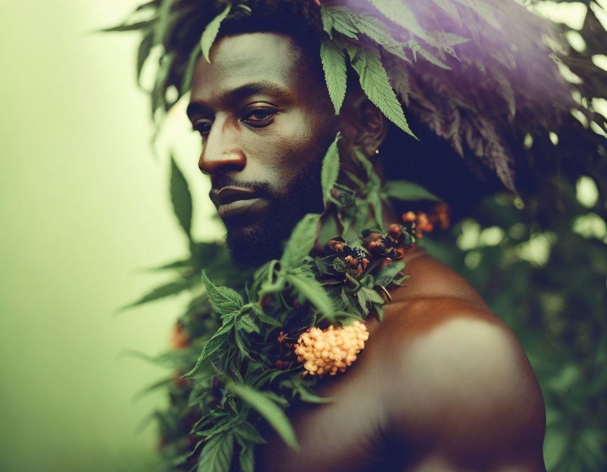 Man with Greenery and Berries in Natural Setting