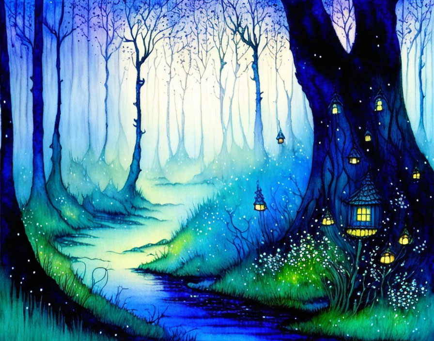 Mystical blue forest watercolor with glowing lanterns & twinkling lights