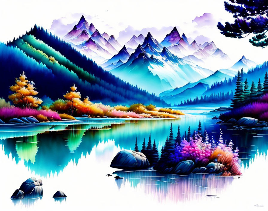 Colorful digital artwork: Serene mountain landscape with reflections in a still lake