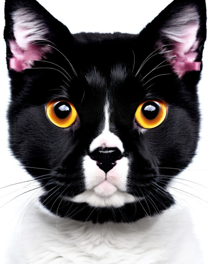 Striking Black and White Cat with Orange Eyes and Unique Face Pattern