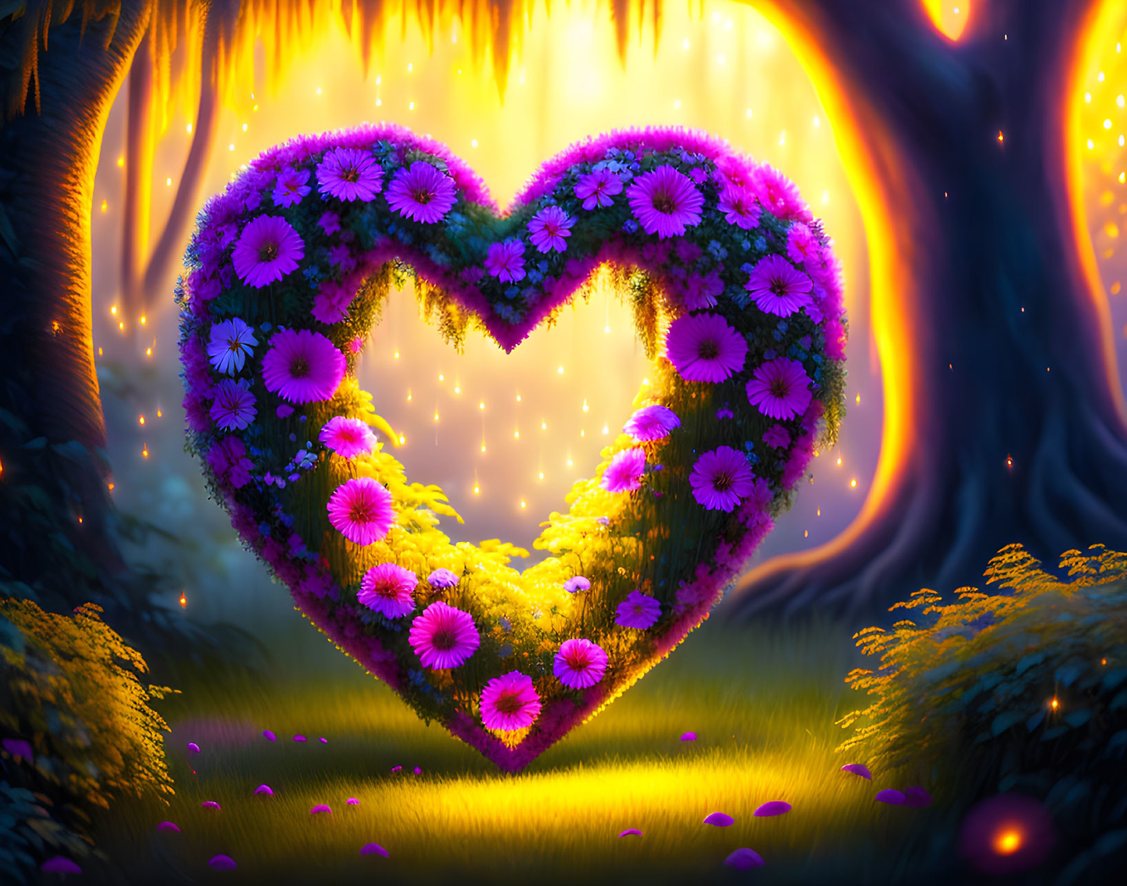 Heart-shaped floral arrangement in enchanting forest with warm lighting