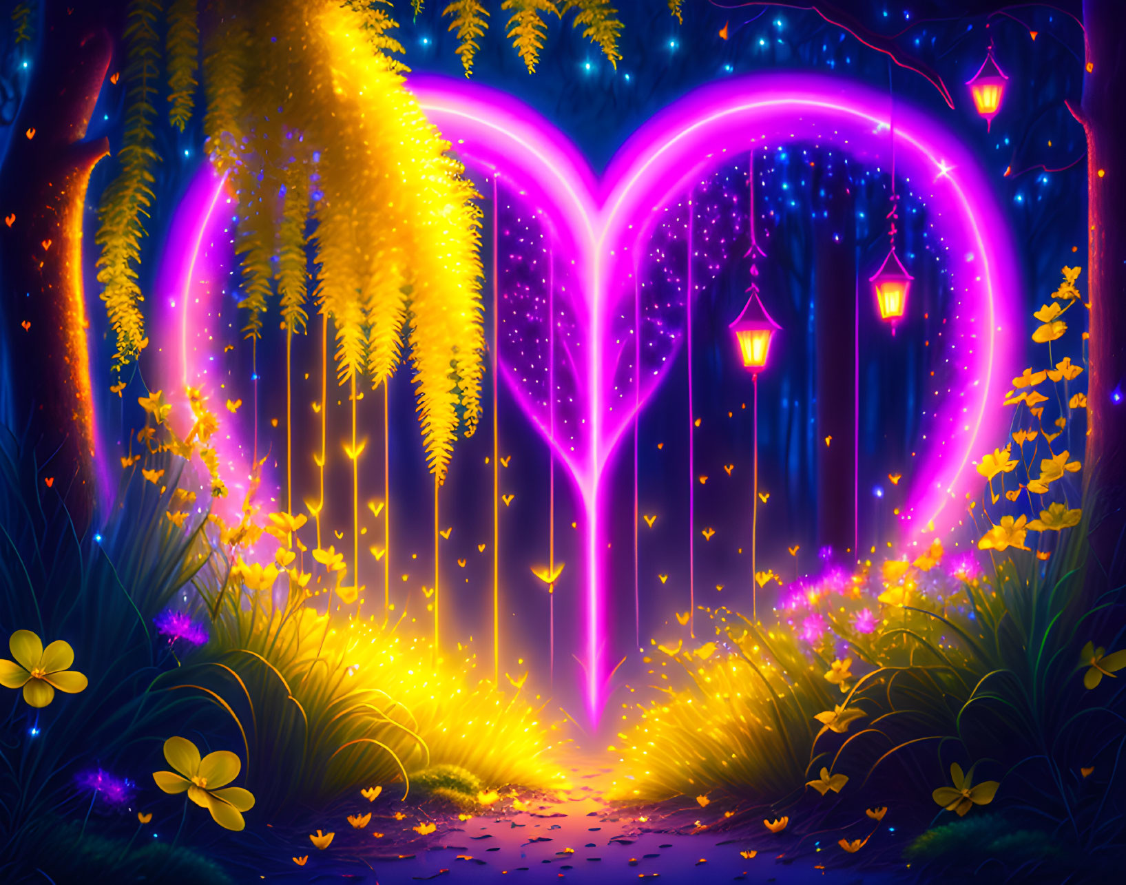 Fantasy night landscape with heart-shaped tree gateway and glowing lanterns