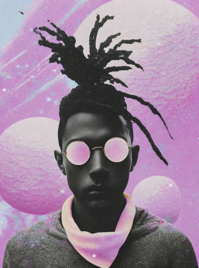 Stylized portrait of a person with dreadlocks and pink sunglasses against cosmic backdrop