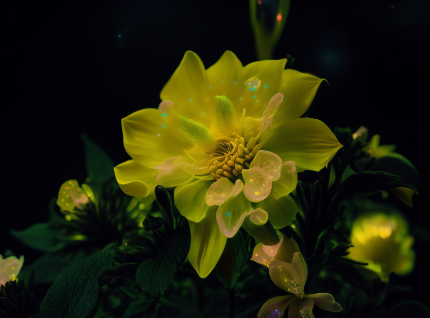 Luminous yellow flower in dreamlike setting