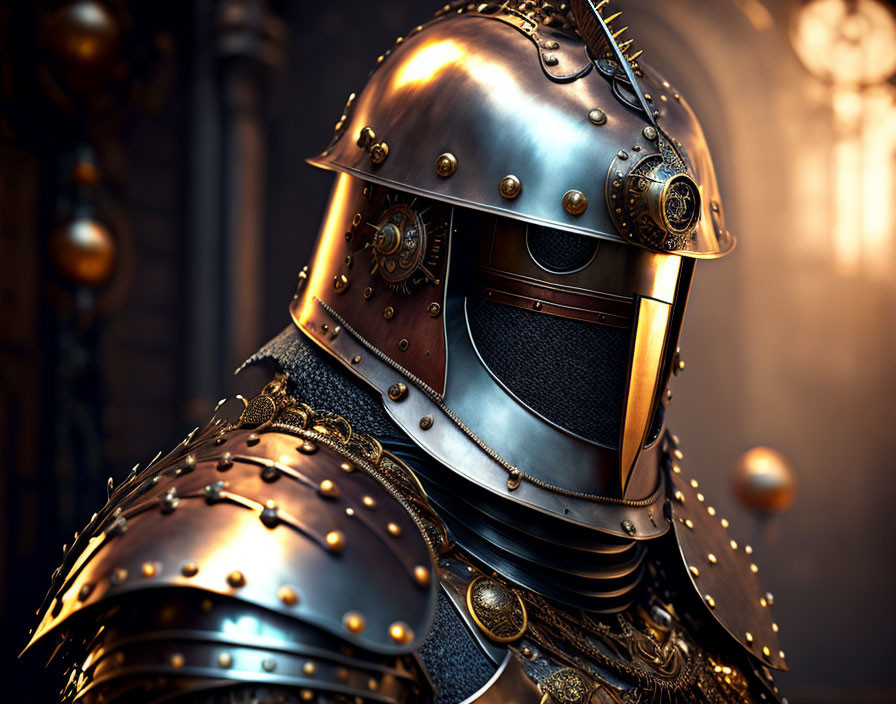 Detailed medieval knight in ornate armor with helmet visor, intricate designs, and blurred background