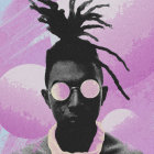 Stylized portrait of a person with dreadlocks and pink sunglasses against cosmic backdrop