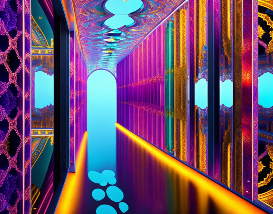 Abstract Symmetrical Corridor with Ornate Patterns in Vibrant Digital Art