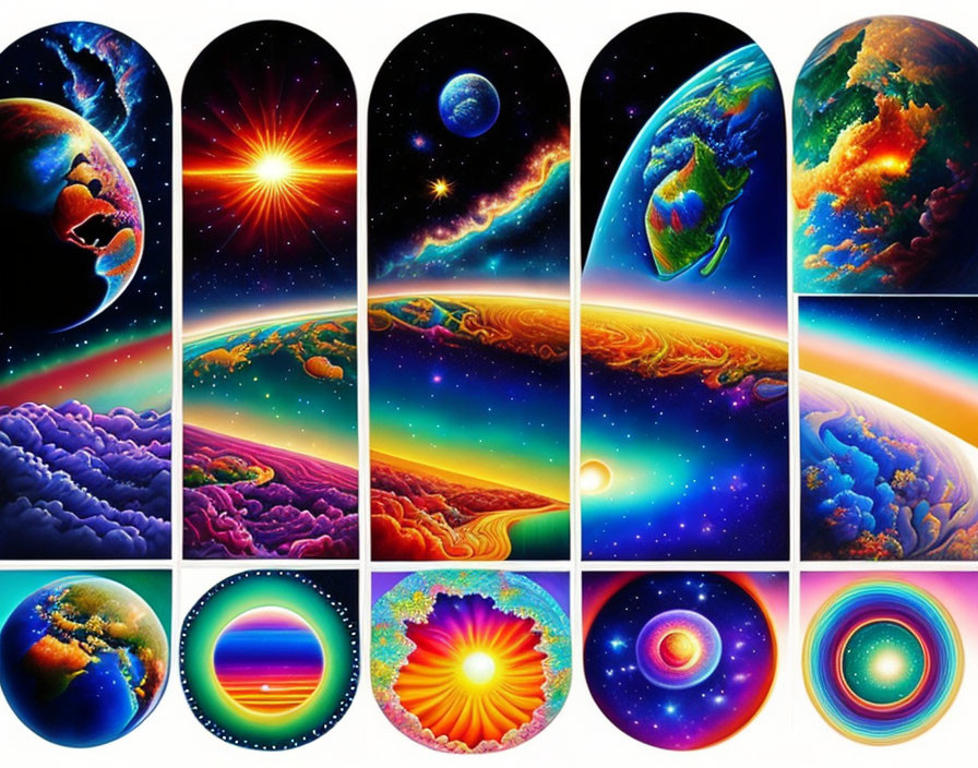 Colorful Cosmic Artwork Collage: Planets, Stars, Galaxies, Nebulas