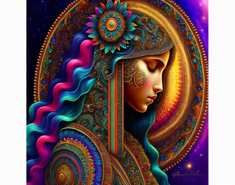 Colorful digital artwork: Woman with multi-colored hair, intricate patterns, cosmic and floral elements on star