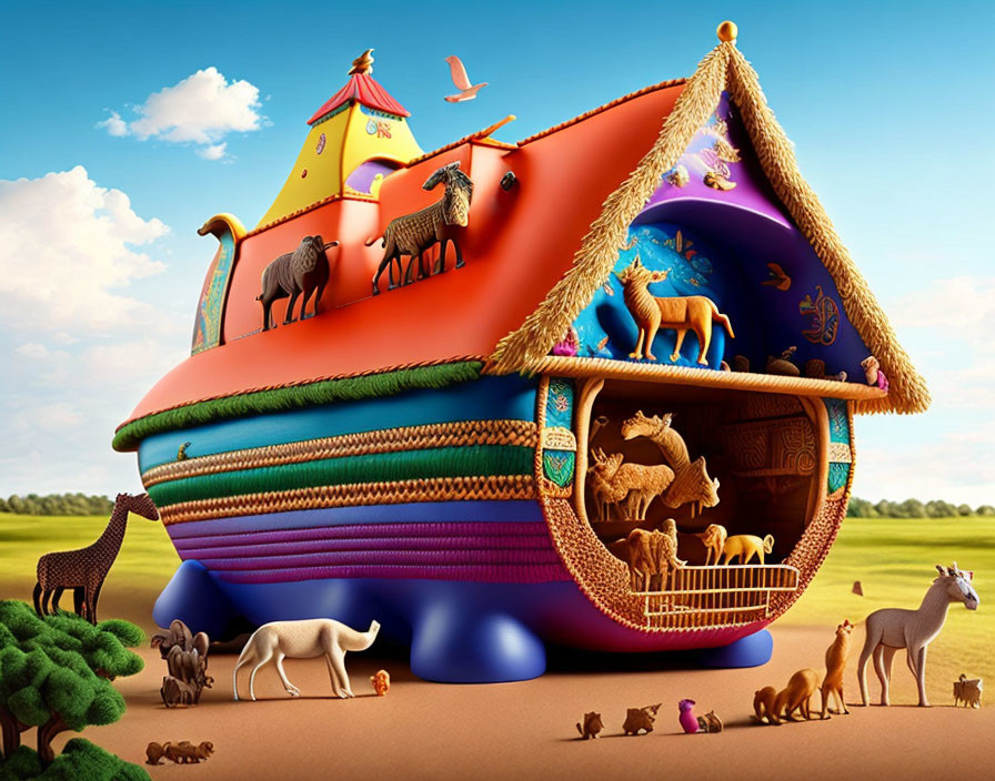 Vibrant Noah's Ark illustration with whimsical knitted yarn design