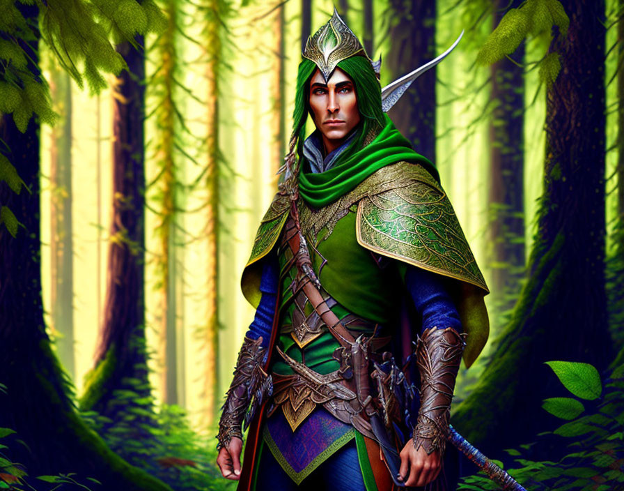 Elven warrior in green and brown armor with sword in forest