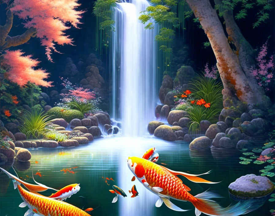 Serene waterfall digital artwork with koi fish and autumn trees