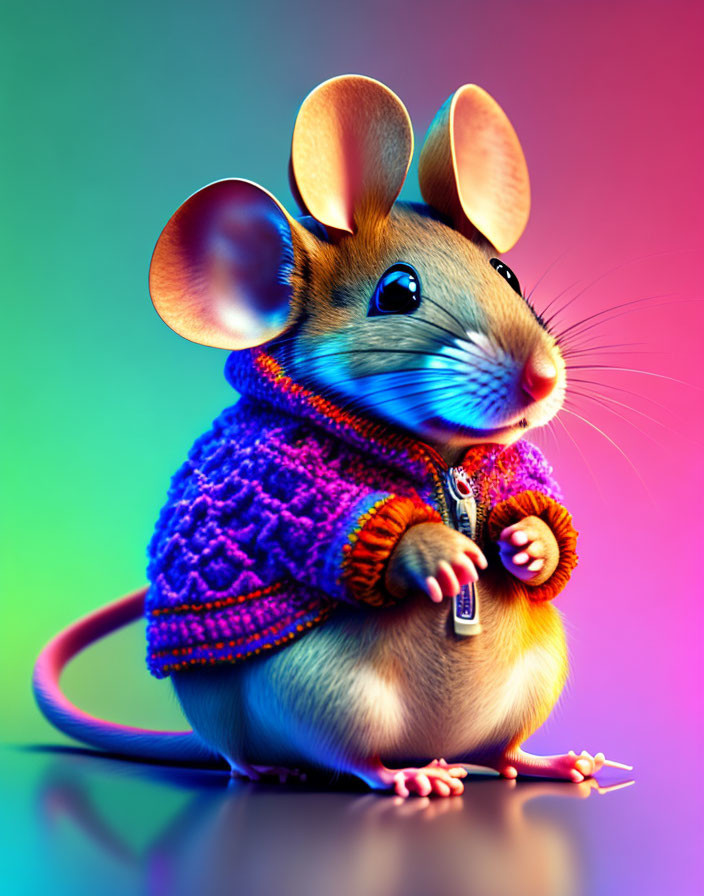 Anthropomorphic mouse in knitted sweater with book on gradient background