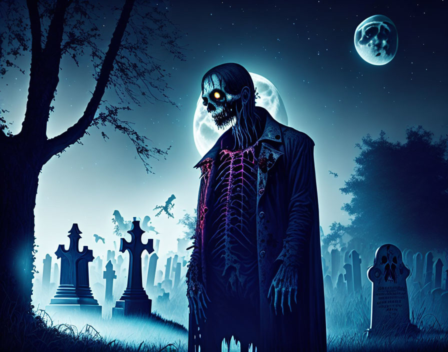 Glowing-eyed zombie in graveyard under full moon and planet with eerie blue light