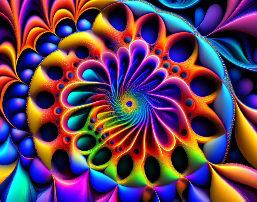 Colorful Digital Fractal Art: Swirling Patterns in Blue, Orange, and Purple