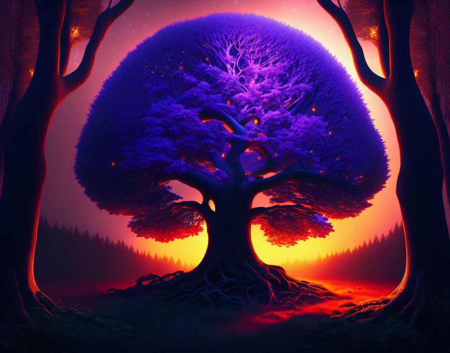 Vibrant purple tree in mystical landscape with silhouetted trees under orange sky