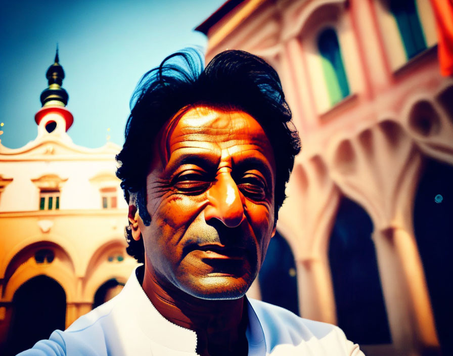 Man with expressive features in front of colorful architectural building