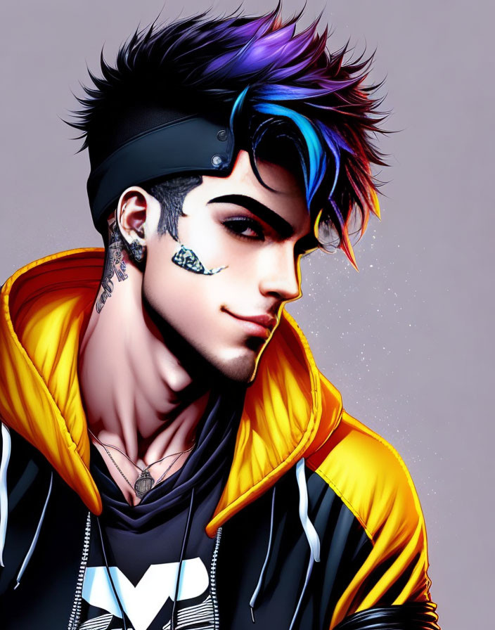 Colorful Mohawk Man with Tattoos and Headband in Yellow Jacket