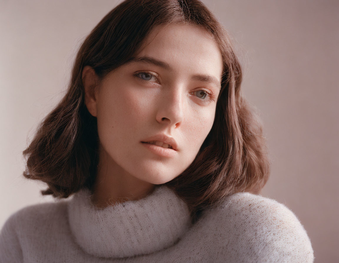 Portrait of woman with short brown hair and white turtleneck gazing sideways.