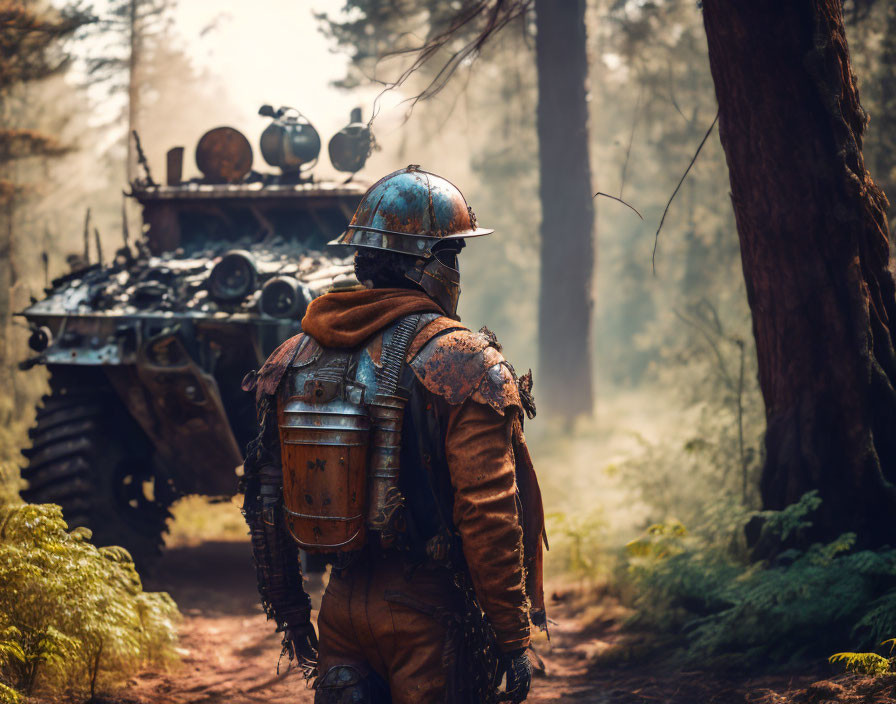 Steampunk-dressed individual in forest with retro-futuristic vehicle