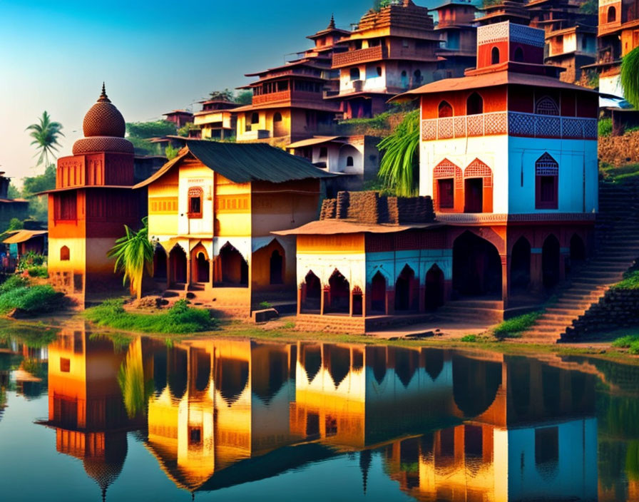 Colorful Traditional Houses Reflecting in Calm River at Dusk