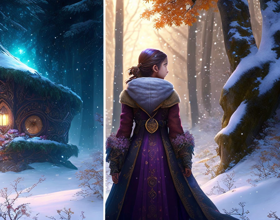 Young woman in purple cloak gazes at snowy forest with cabin