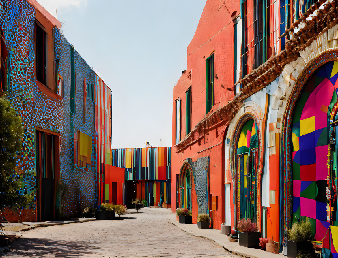 Colorful patterned buildings on vibrant street under clear blue sky