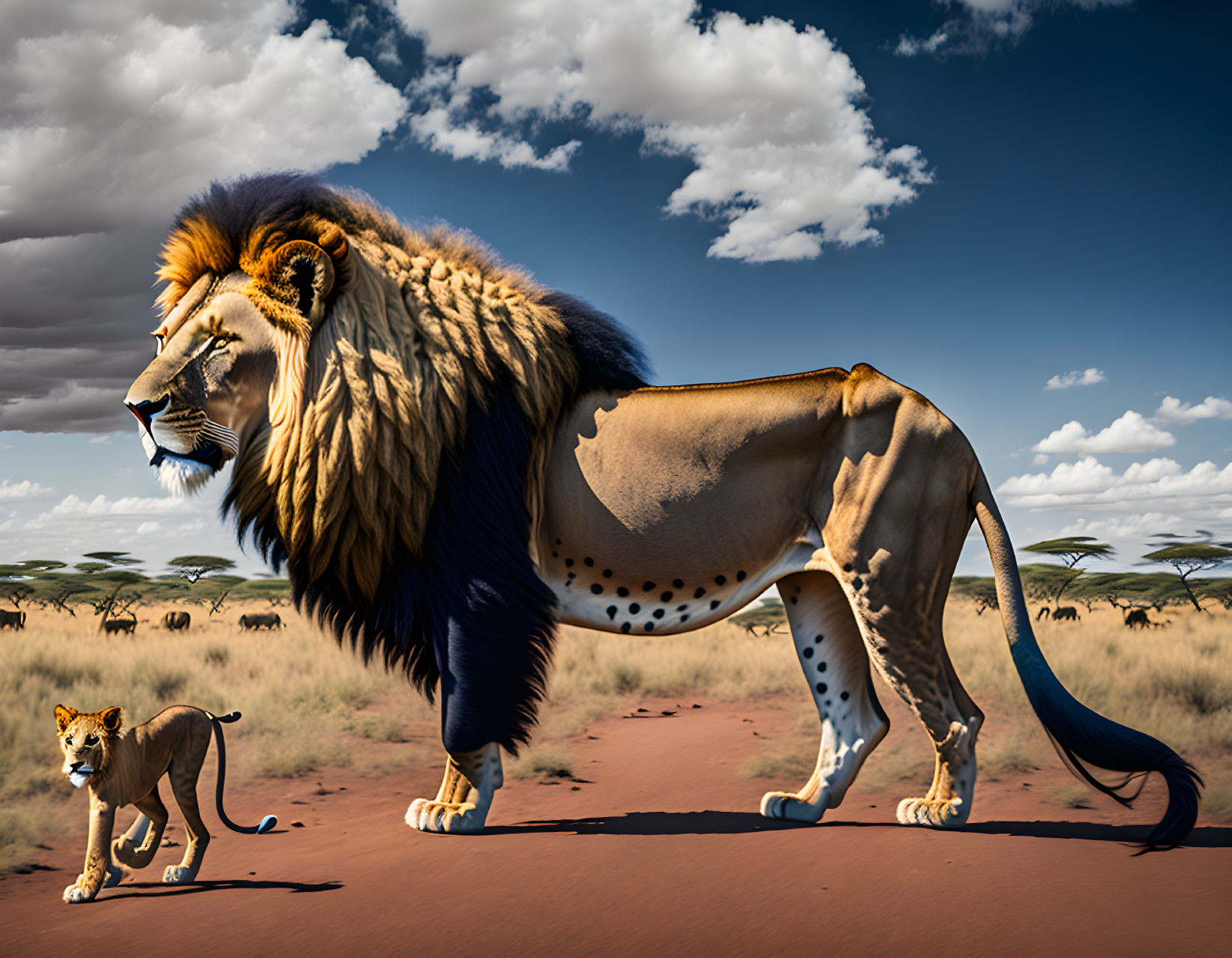 Majestic lion with full mane and lion cub in savanna landscape