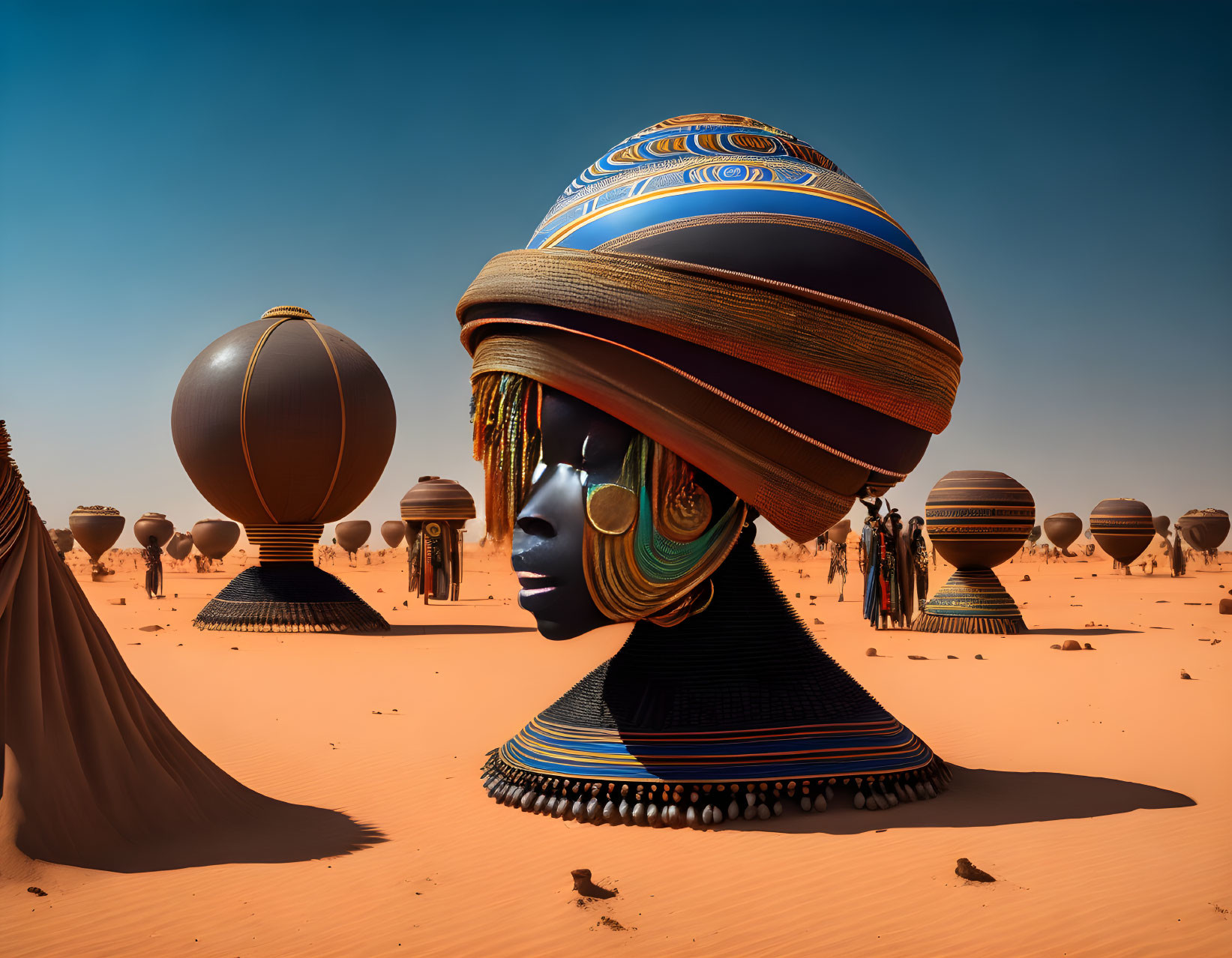 Spherical tribal head sculptures in desert landscape