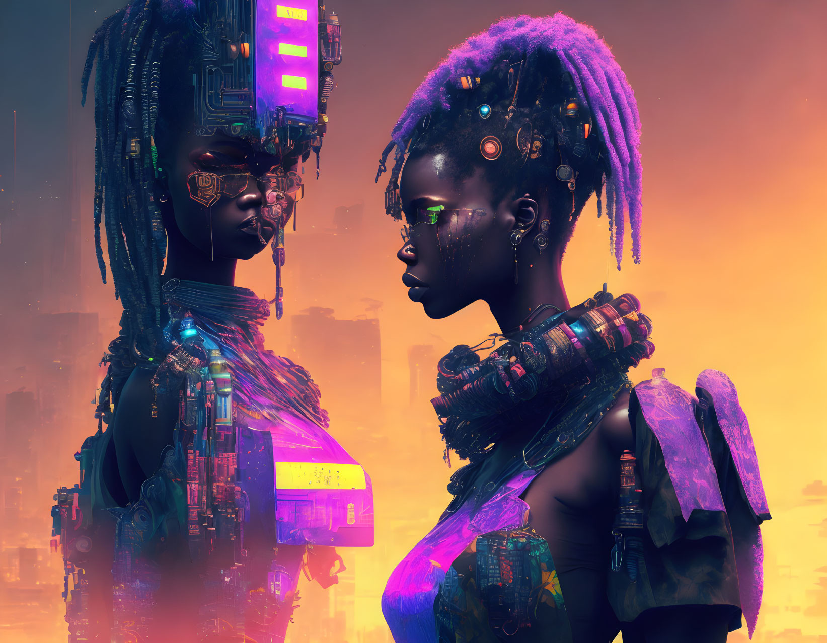 Futuristic African women with cybernetic enhancements and colorful hairstyles in sci-fi cityscape