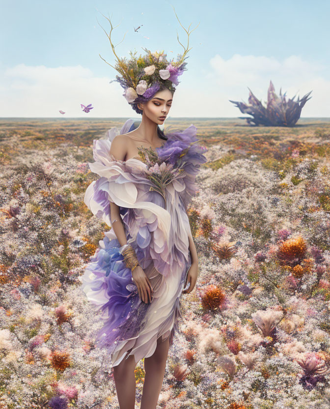 Woman in lavender dress surrounded by butterflies in blooming meadow