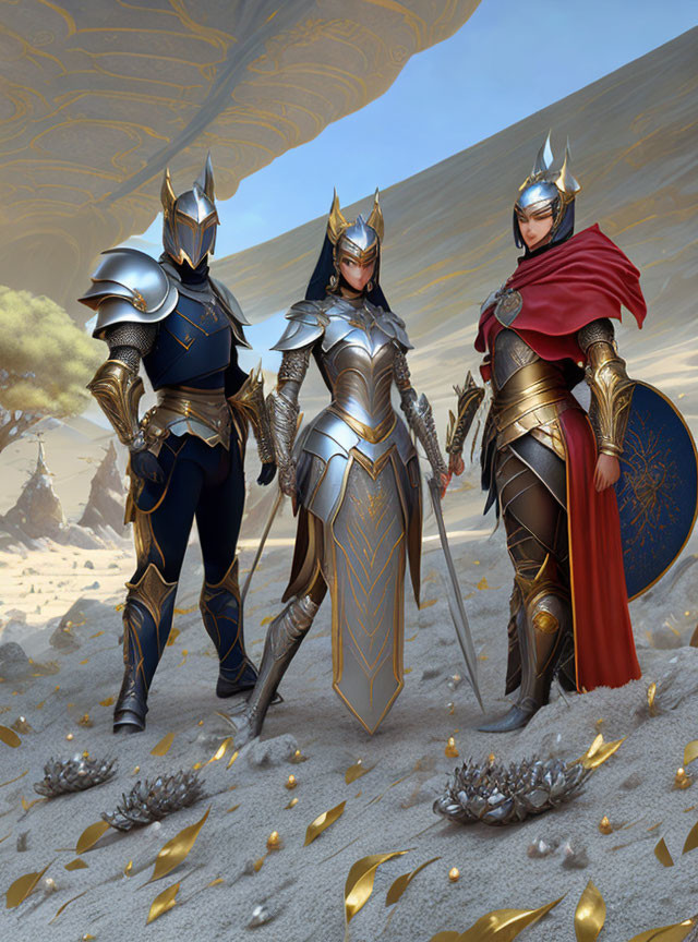 Fantasy warriors on sandy terrain with scattered golden coins