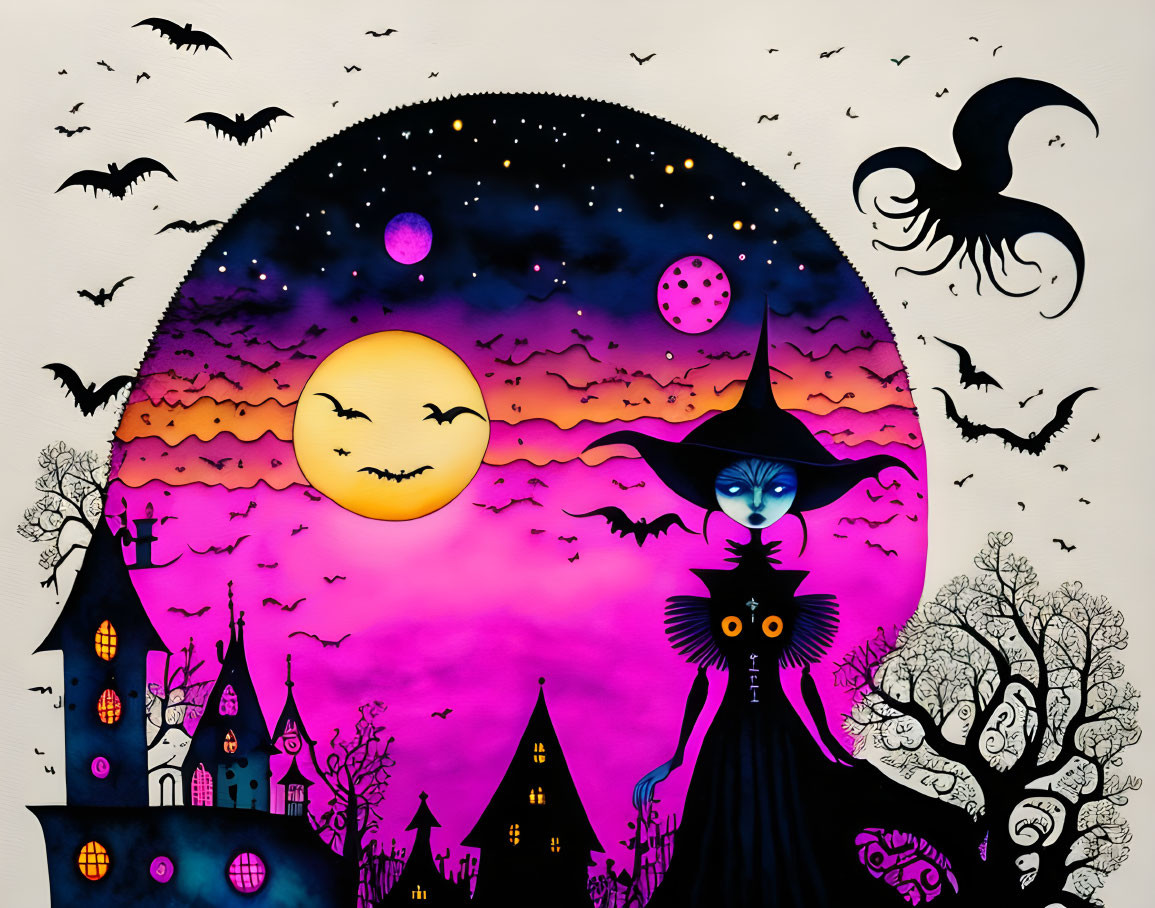 Colorful Witch and Cat Art with Moon, Haunted Houses, and Night Sky