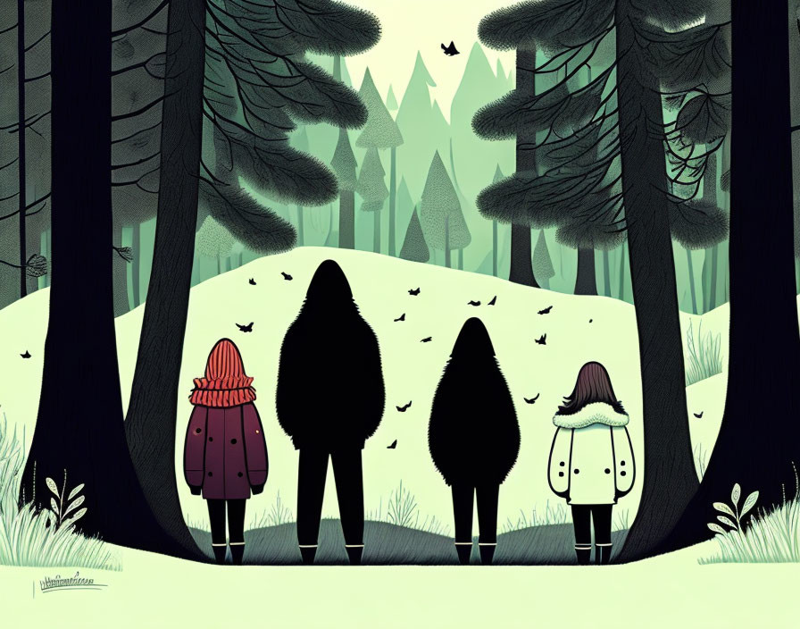 Stylized silhouettes against whimsical forest backdrop