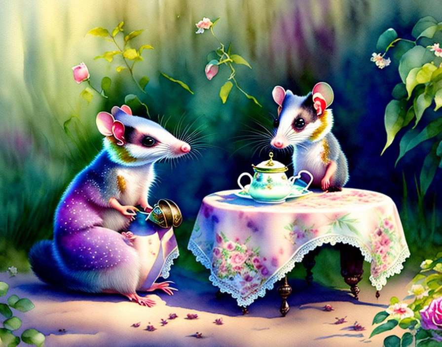 Animated possums tea party in magical forest setting