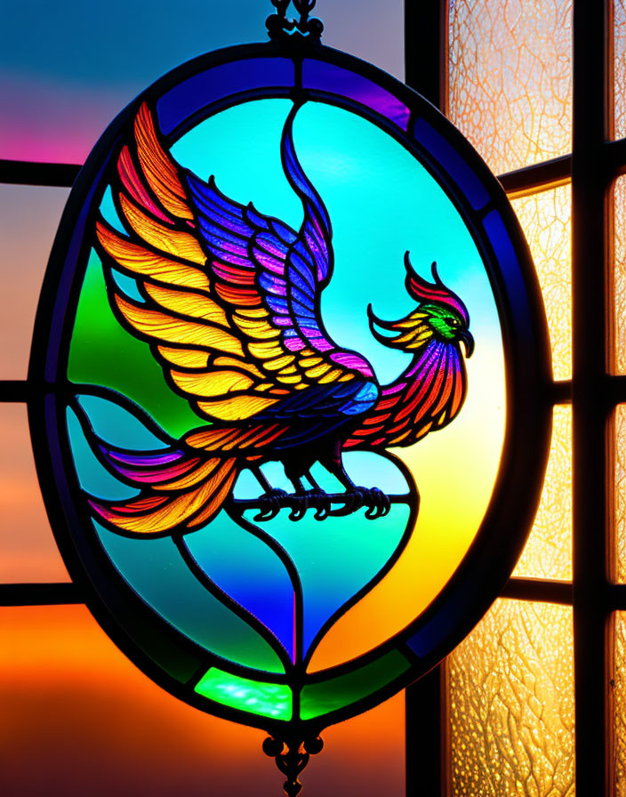 Vibrant Phoenix on Sunset Stained Glass