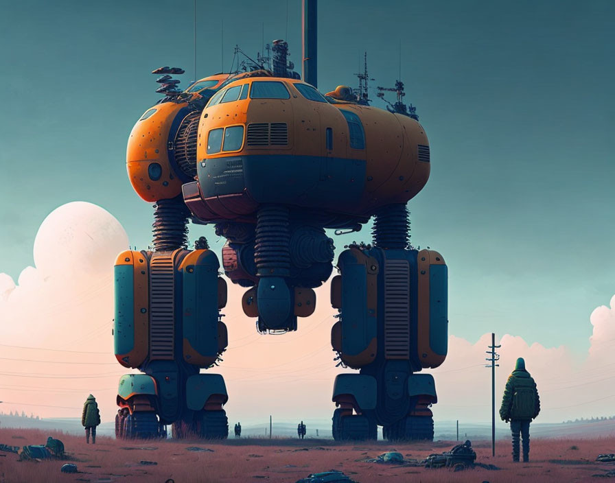 Futuristic orange robot in dusky landscape with moon