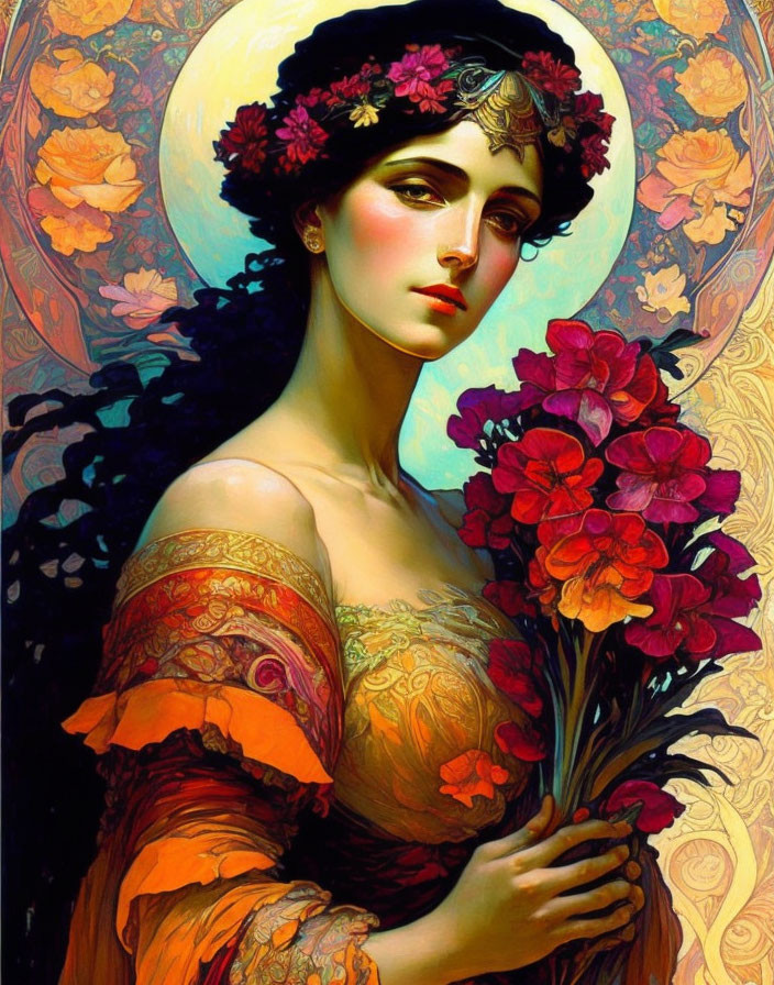 Woman with floral wreath and bouquet in Art Nouveau style against moon motif background