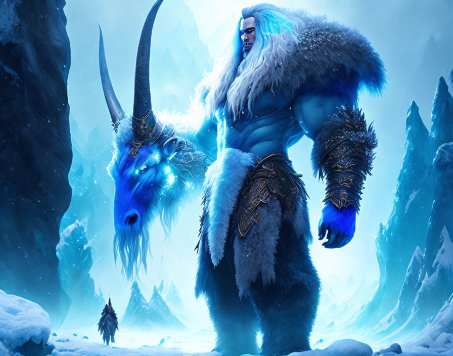 Blue-skinned giant with mythical beast in snowy landscape