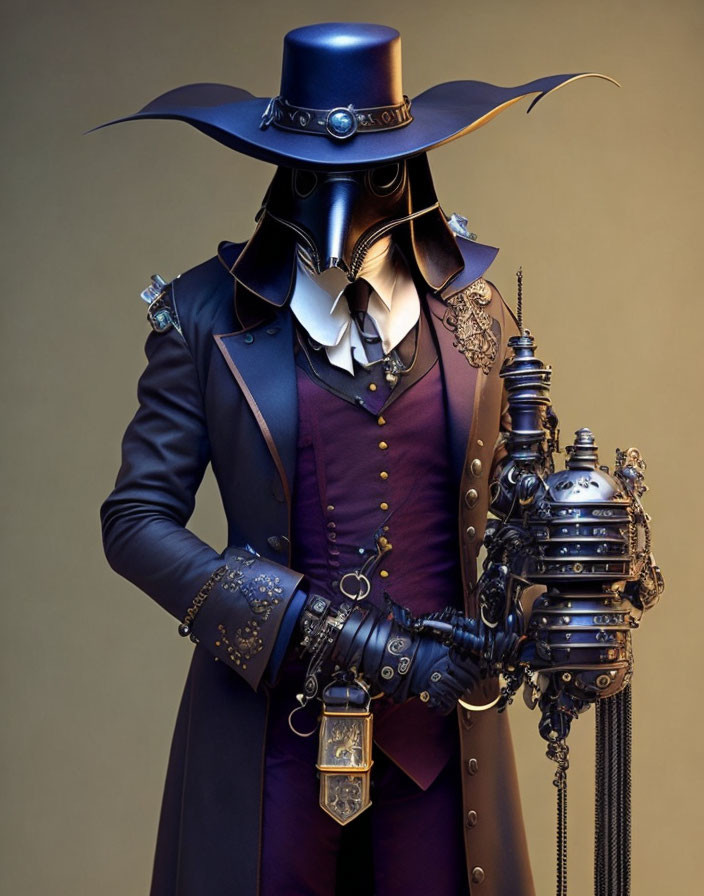 Steampunk character with mechanical arm in tailored suit and hat holding lantern