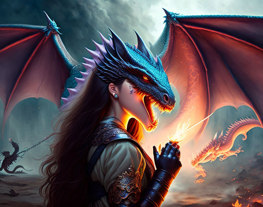 Fantasy illustration: Woman with dragon head in fiery landscape