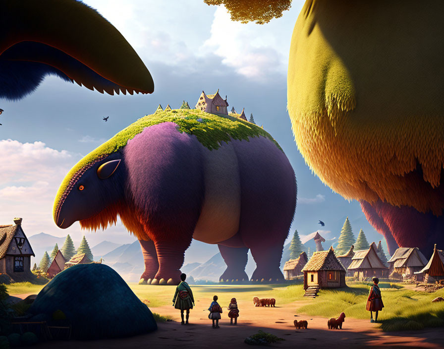 Gigantic creatures carry landscapes over village.