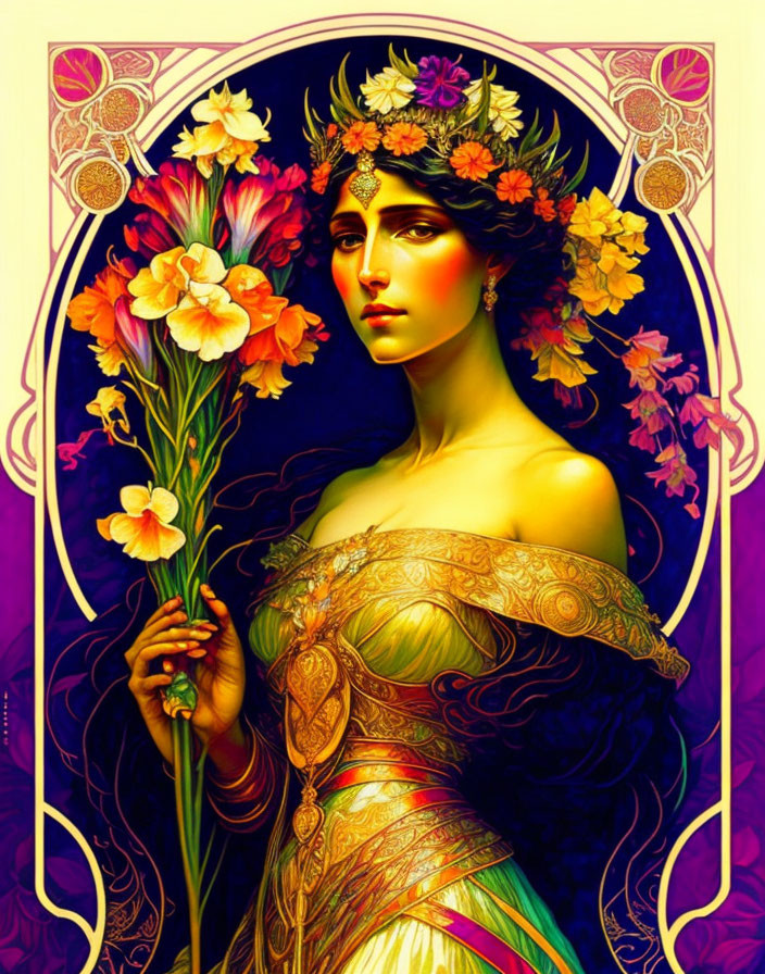 Art Nouveau Woman Illustration with Floral Crown and Vibrant Colors