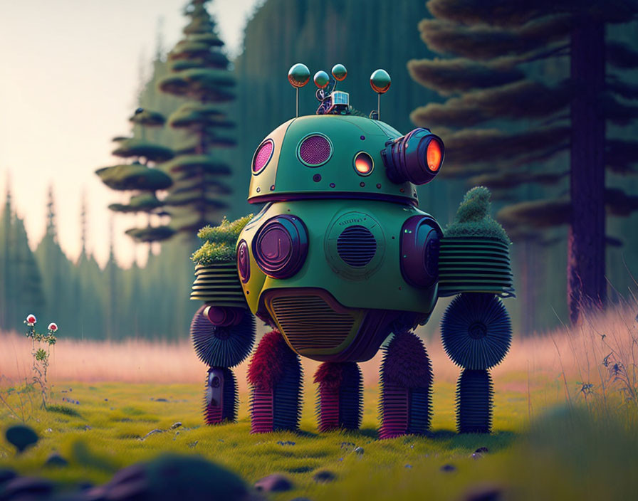 Colorful whimsical robot in vibrant forest clearing at sunset