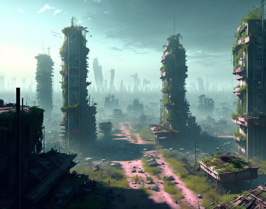 Futuristic city ruins reclaimed by lush greenery under hazy sky